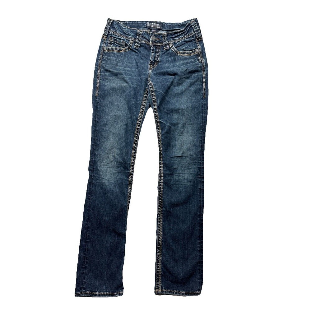 Silver Jeans Women’s Size 28x32 Suki Mid Straight Blue Contrast Stitch